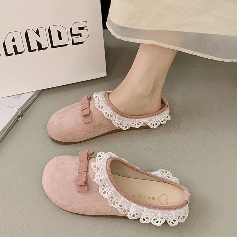2025 new bow lace bag head half slippers women's summer wear with skirt lazy women's cool slippers
