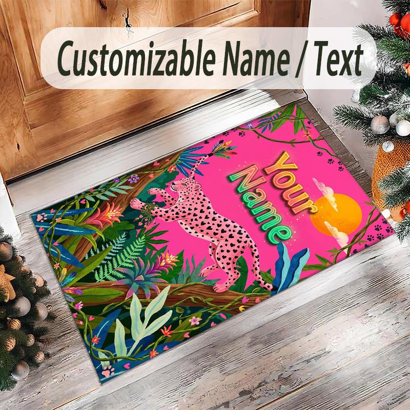 Leopard Theme Crystal Velvet Floor Rug Personalized Custom Name Text Warm Carpet Home Decoration