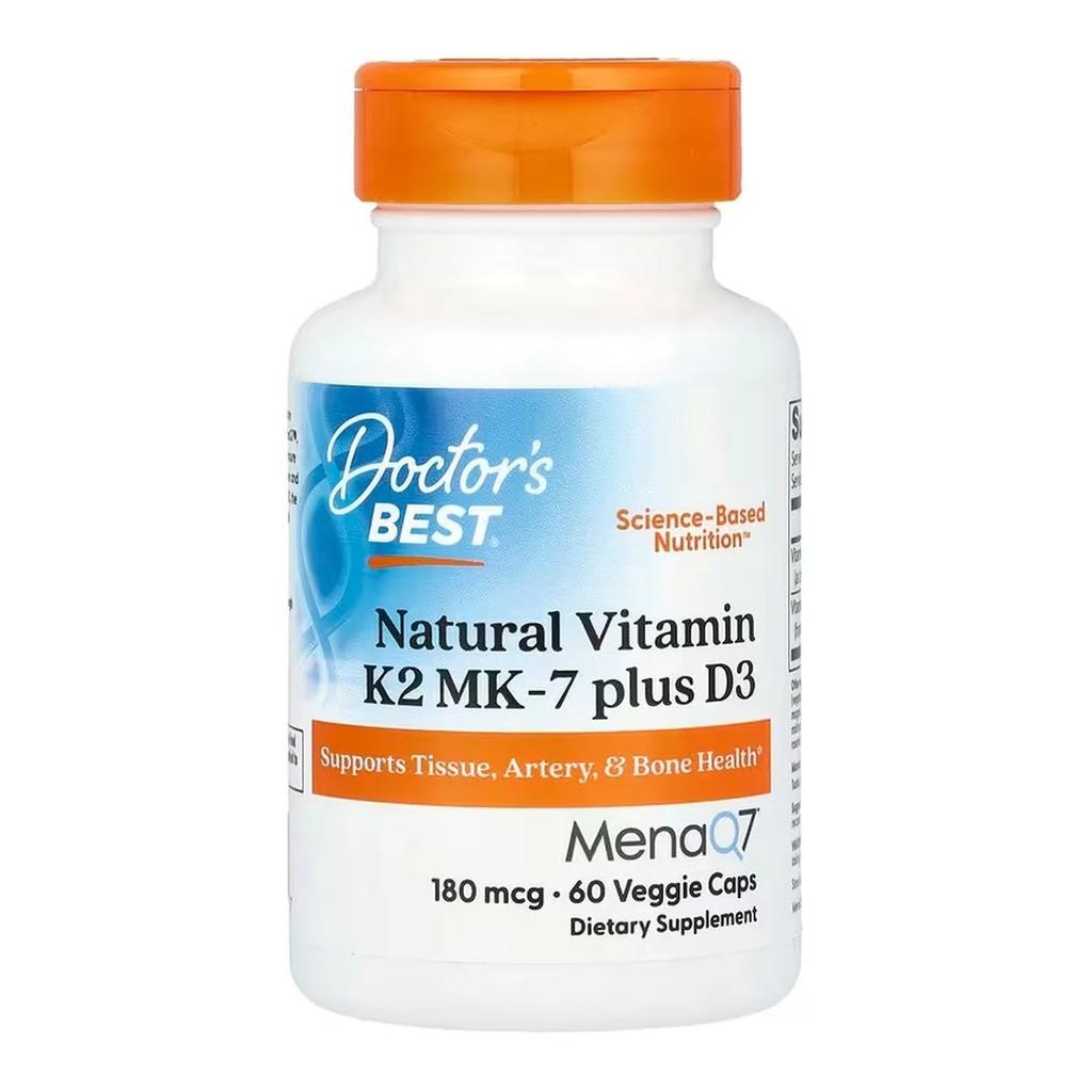 Natural Vitamin K2 MK7 with MenaQ7 plus D3, 180mcg - 60 vcaps