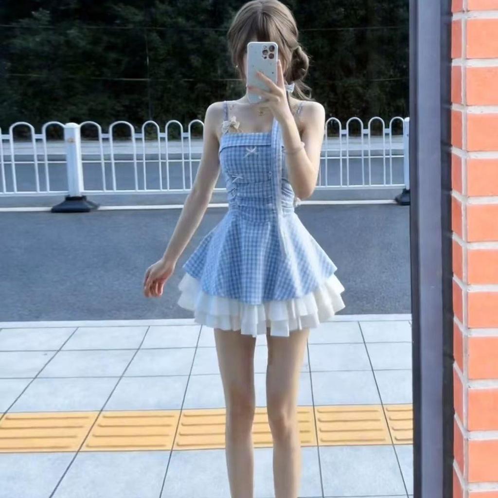 Elegant Plaid Bow Puffy Short Skirt Halter Dress for Women - Summer 2026