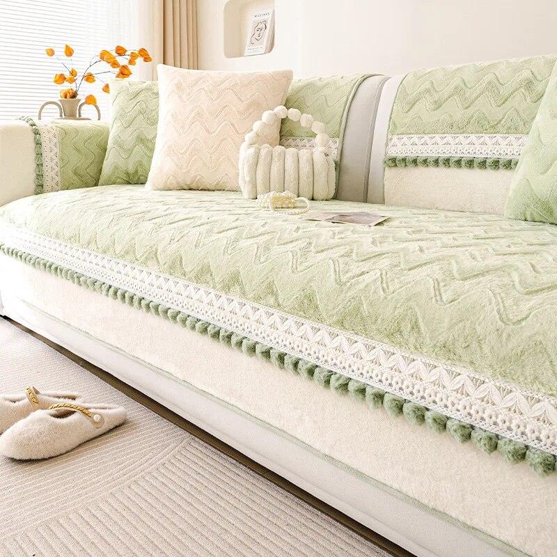 French Cream Style Sofa Cushion Autumn and Winter Plush Anti Slip Sofa Cover