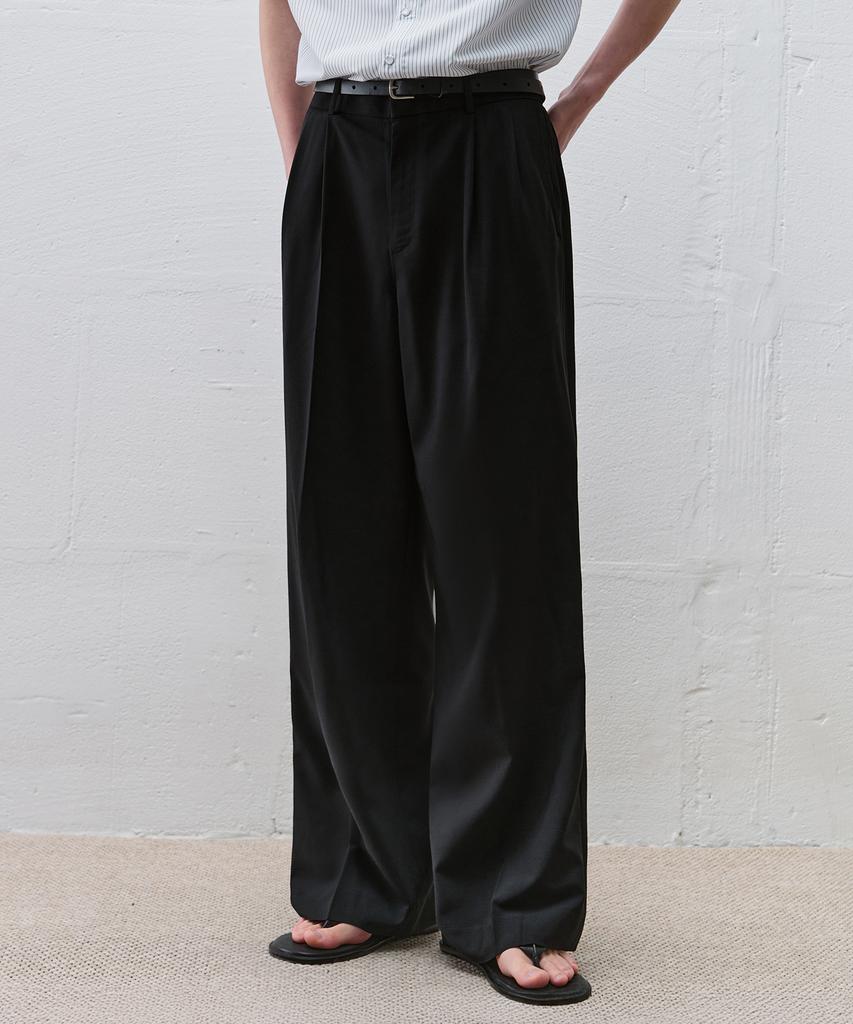 DRAW FIT Double-Pleated Elastic Wide Linen Slacks [Black]