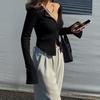 VAYLA Women T-shirt Spring Autumn Clothes Ribbed Knitted Long Sleeve Crop Tops Zipper Design Tee Sexy Female Slim Black White Tops