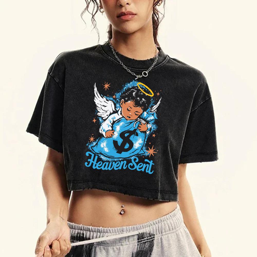 The Angel Boy Who Sent Money Printed Women Washed T-Shirts Crop Top Street Tee Shirts Fashion Cotton T Shirt
