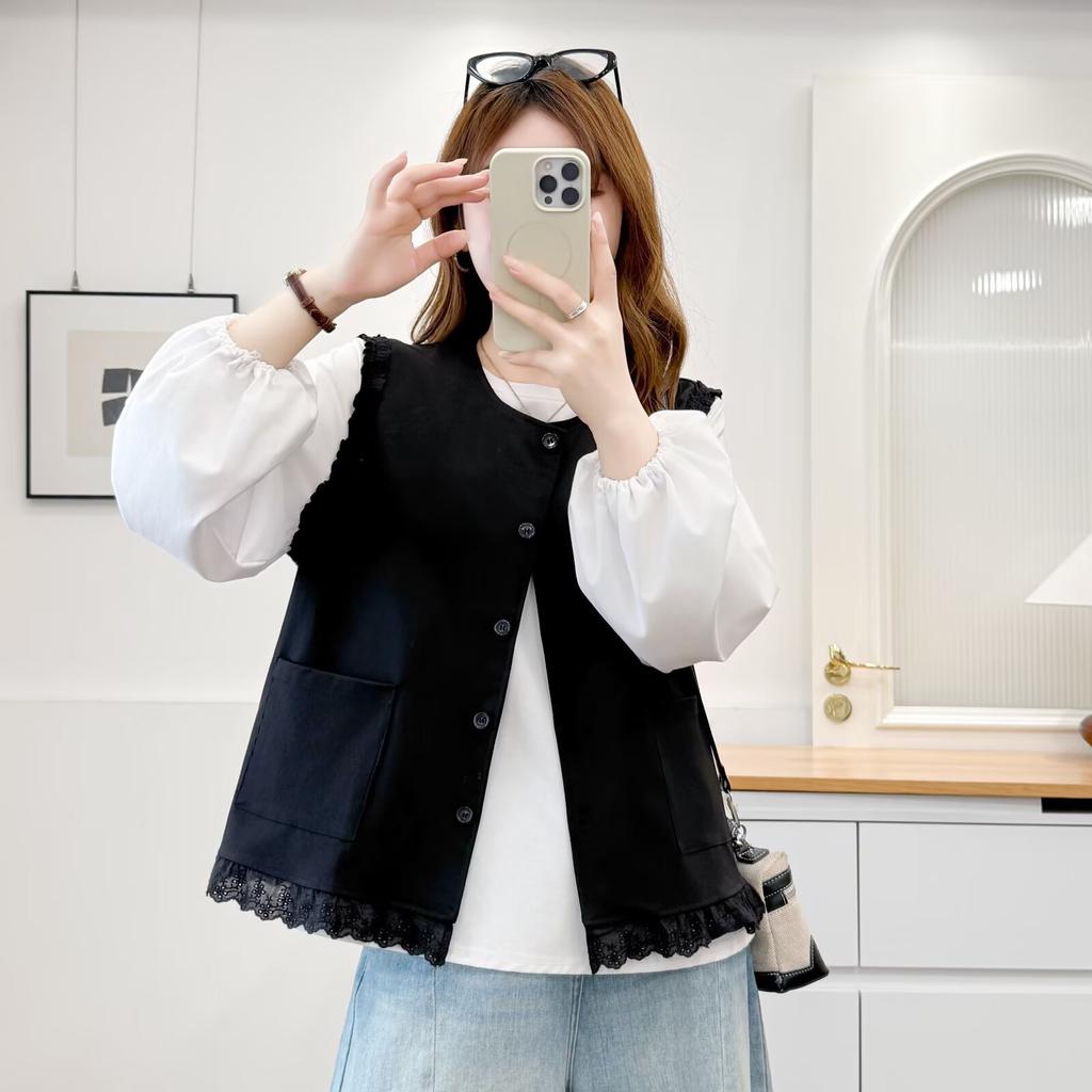 Women Plus Size Korean Style Lace Splicing Casual Round Neck Vest Waistcoat