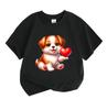 Kids Boys Girls 100% Cotton Crew Neck Short Sleeve T-Shirt, Cute Cartoon Puppy Hold Red Heart Print Soft Casual Tees for Children Summer Daily Wear To