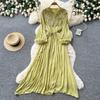 Retro elegant wind lantern sleeves V-neck lace splicing dress women's waist and thin temperament long dress
