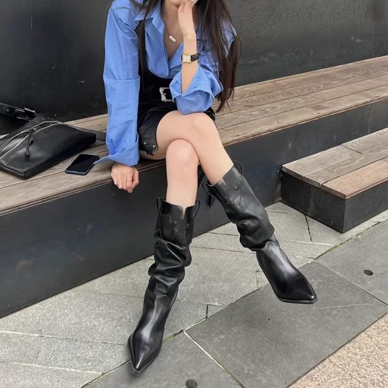 Cowboy Western Boots Women's Pleated Pile Boots Autumn Retro Niche Thick Heel Pointed Boots Tall Boots