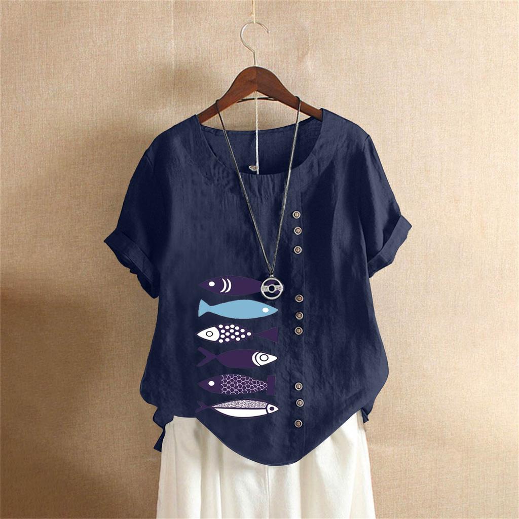 T-shirt Estiva Oversize in Cotone e Lino a Maniche Corte, Abbigliamento Donna Oversize Stampato in Cotone e Lino
