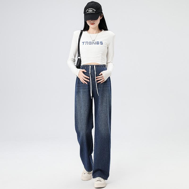 Dámské kalhoty se stahovací šňůrkou v pase s širokými nohavicemi, dámské dlouhé volné kalhoty, ležérní džínové kalhoty
