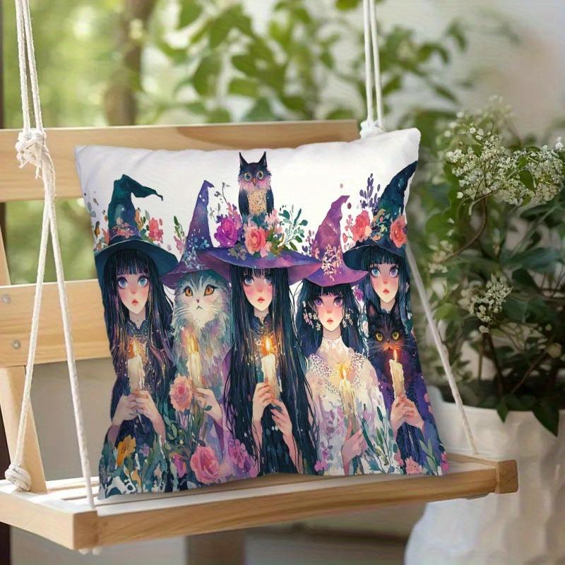 Bohemian Witch & Cat Pillow Cover 2D Printed Polyester Sofa Cushion Case – Vintage Floral Magic Decor For Halloween