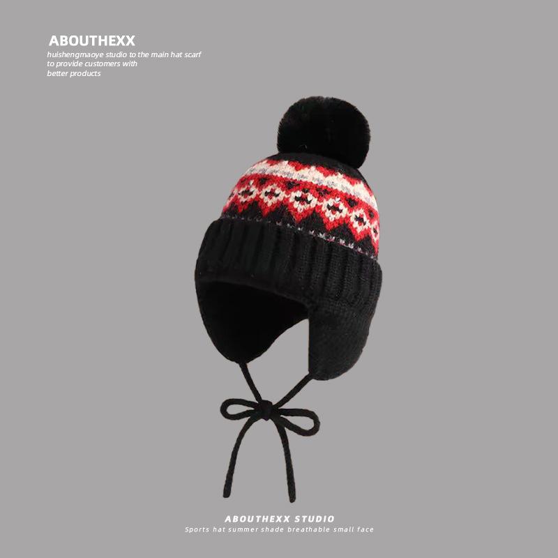 Fair Isle Style Fur Ball Knitted Hat for Women Autumn and Winter Ear Protection Woolen Hat Northeast Thickened Warm Outdoor Pullover Hat Trend