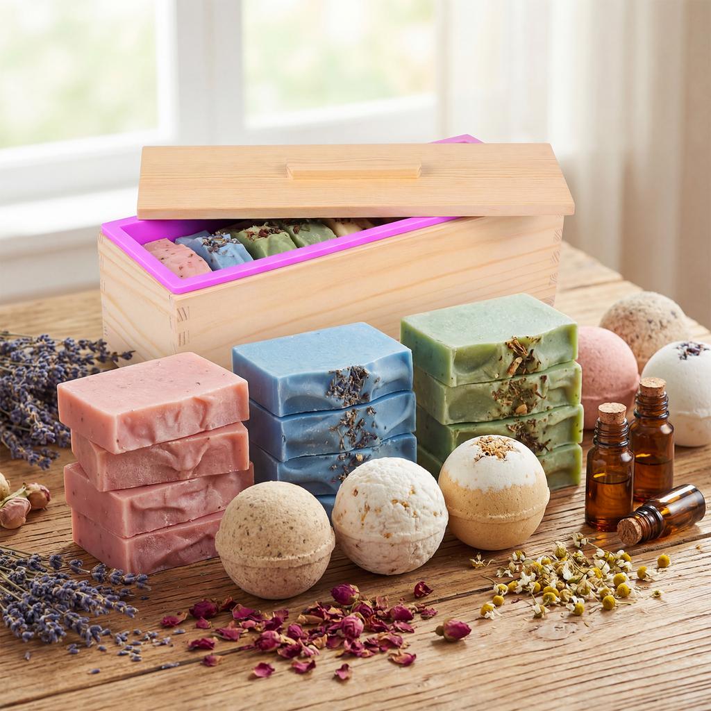 2 Pcs Rectangular Soap Mould 40 oz Handmade Soap Molds Kit with Wooden Box Easy Release Silicone Soap Mold Kit for Handmade Loaf