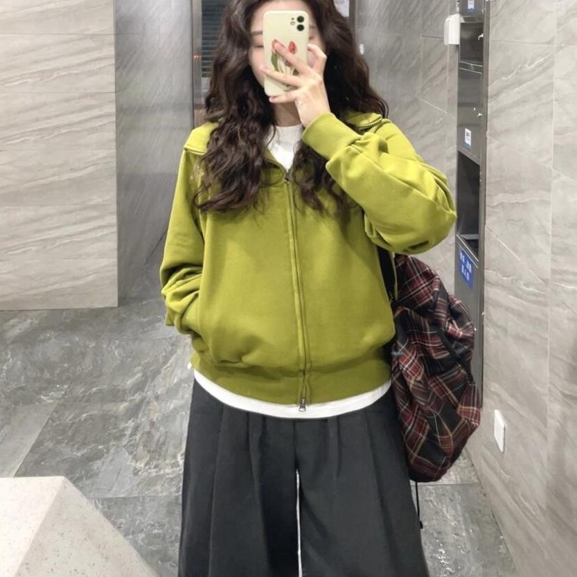 Women's Green Retro Style Zip-Up Hooded Sweatshirt Jacket - Spring Collection