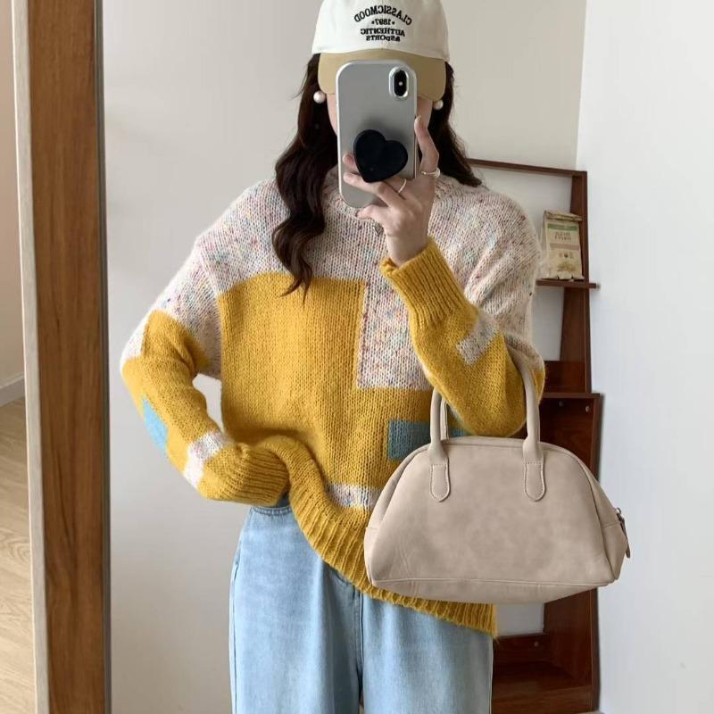Autumn and Winter New Thin Round Neck Gentle Wind Soft Waxy Color Matching Knitted Sweater Top Loose Sweater Pullover Women