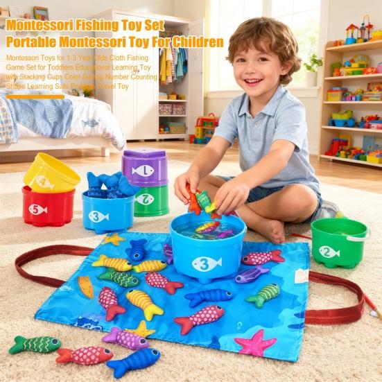 Montessori Fishing Toy for Toddlers Soft Fabric Play Mat with Fish & Stacking Buckets Early Learning Educational Game for Babies 1-3 Years Old