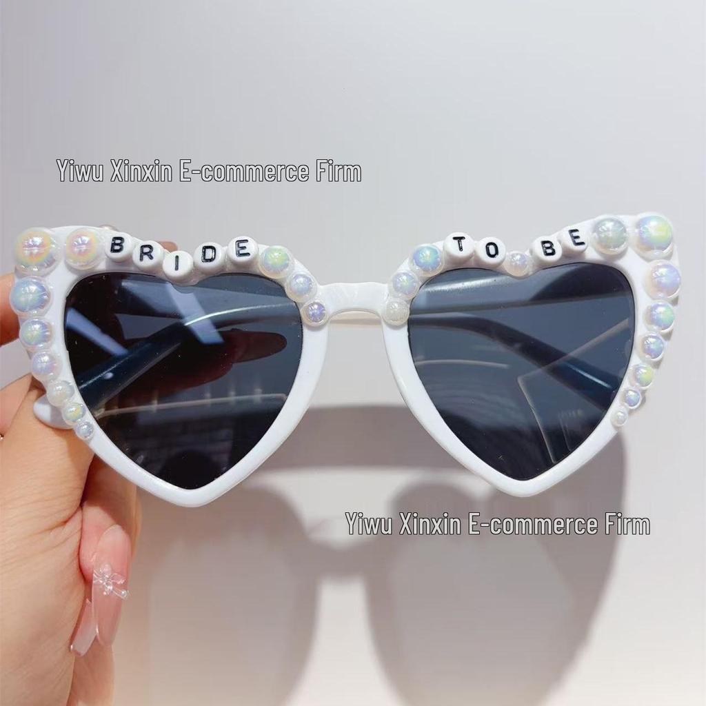 Crystal Heart Bride Sunglasses with Rhinestones & Pearls - Women's Bachelorette Party Accessory