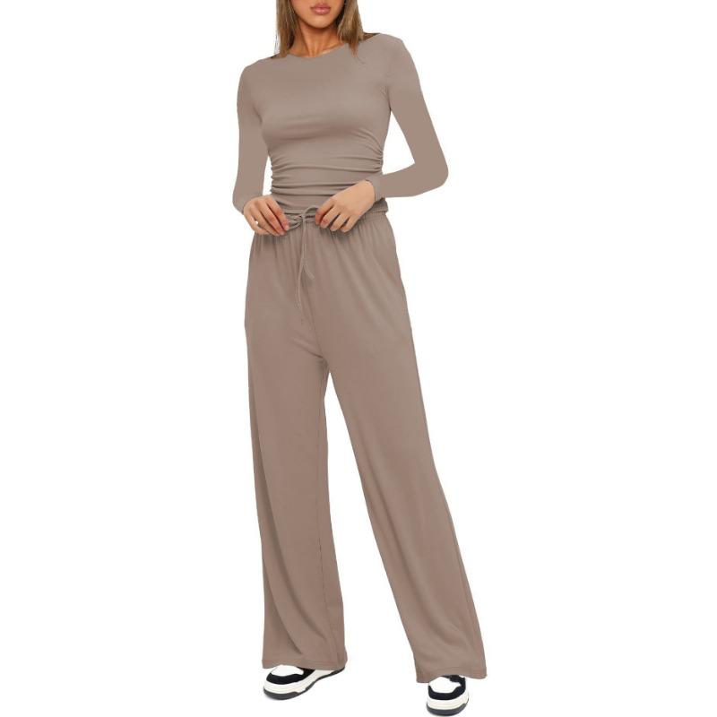 Autumn Women's Casual Pant Suit Pleated Decoration Solid Color Long Sleeve Top High Waisted Wide Leg Pants Sweatshirt