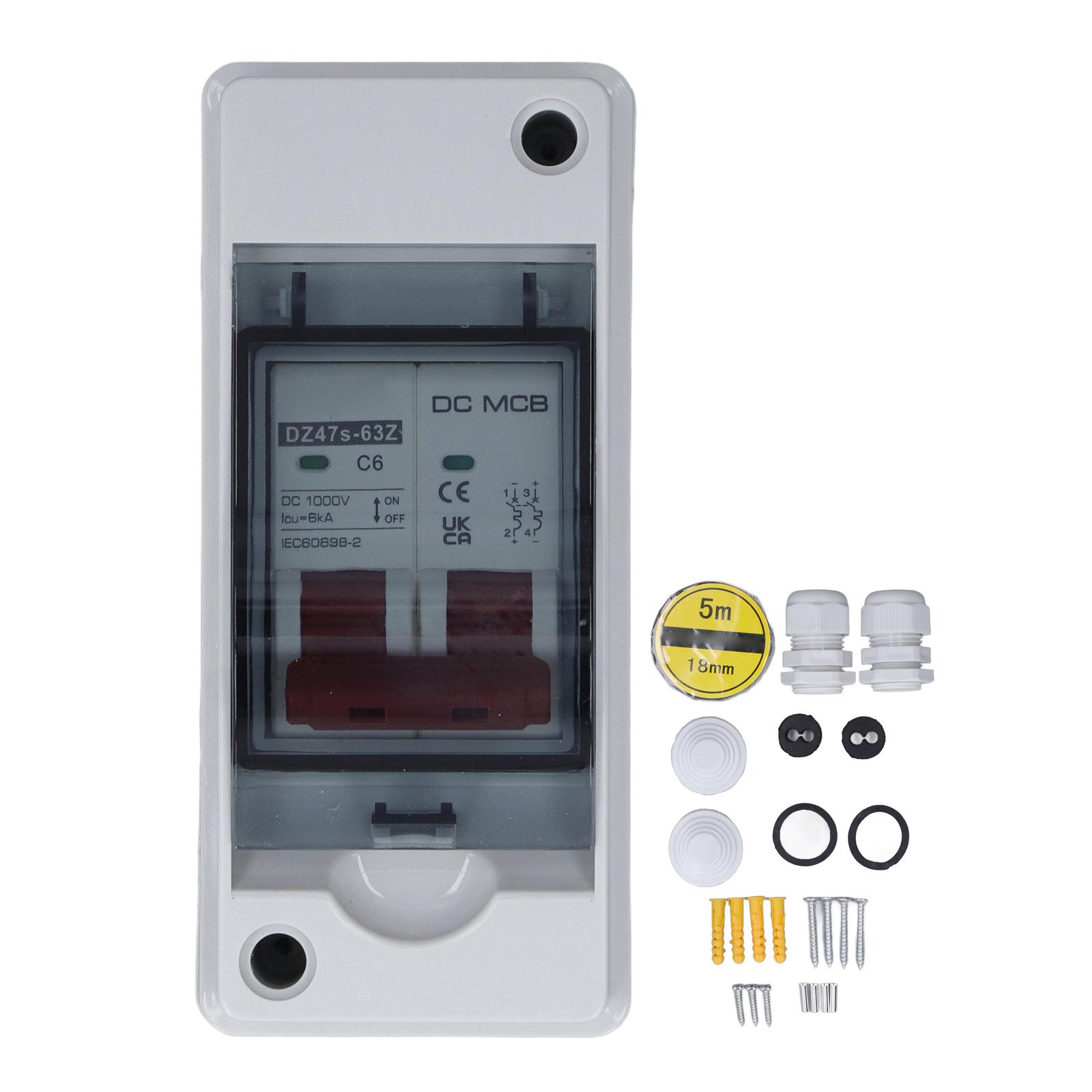 

Circuit Breaker 2P 1000V DC 6A Isolation Switch with IP65 Waterproof Box for PV Solar System