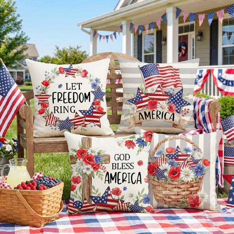 Star Striped Flower Wreath Throw Pillow Case 4th of July Patriotic Independence Memorial Day US Flag Cushion Cover