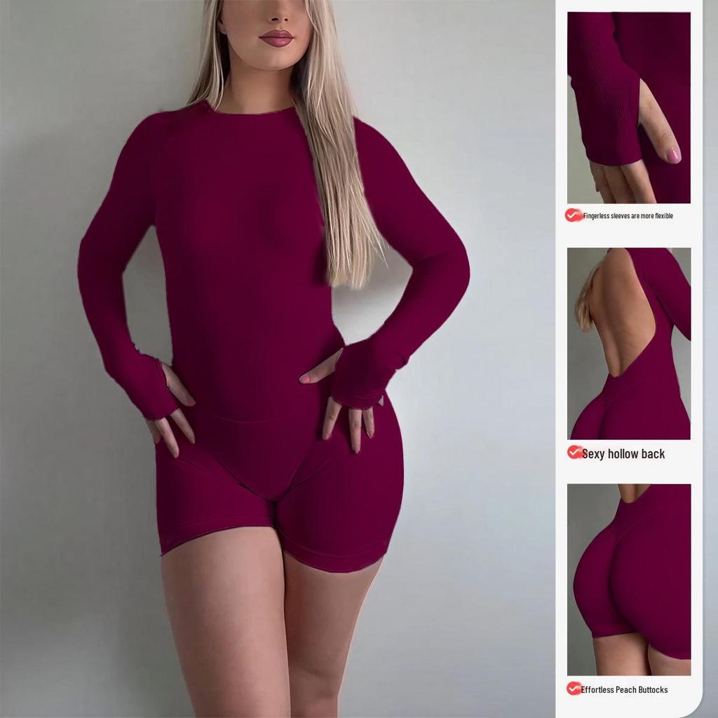 Women's Matte Long Sleeve Open-Back Yoga Jumpsuit with Shorts - Stylish Fitness Attire