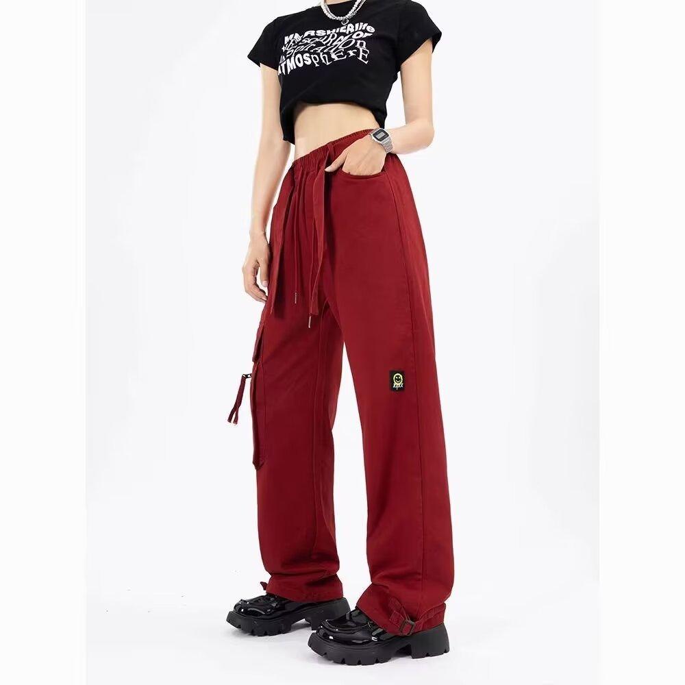 Red Y2k Vintage Cargo Pants Women's Loose Straight Wide Leg Casual Pants Autumn High Street Clothes