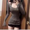 Pure Desire Striped Deep V-neck Horn Sleeves Korean Pure Desire Temperament Spice Girl Slim and Thin Long-sleeved T-shirt Women's Top
