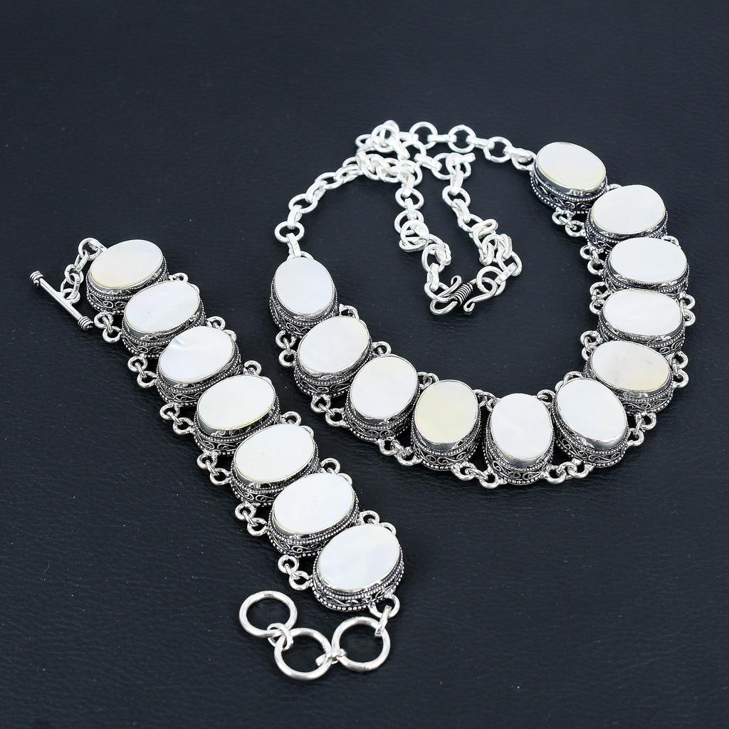 Natural Mother Of Pearl Gemstone Handmade 925 Sterling Silver Jewelry Neclace Bracelet Set, Antique Jewelry Set, Birthday Gift For Wife