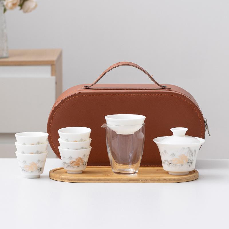 White Suet Jade Porcelain Travel Tea Set Business Company Mid-Autumn Festival Gifts