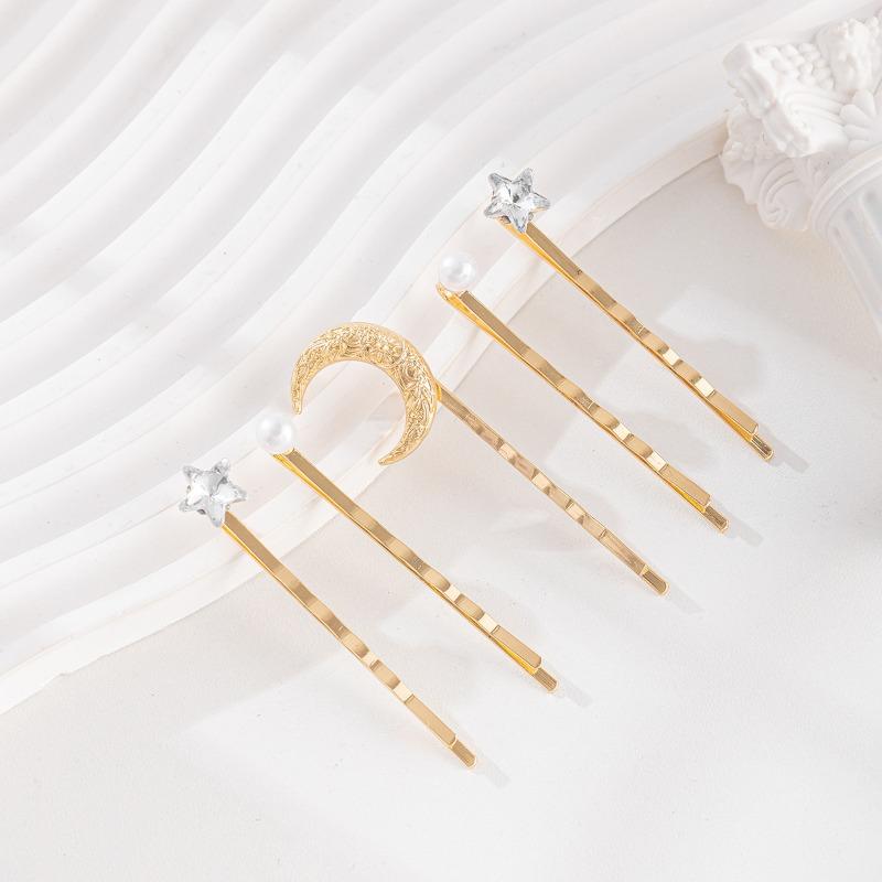 Diamond-encrusted Alloy One-word Clip, Autumn and Winter New Jewelry, Star Moon Headdress, Pearl Hairpin Set, Women