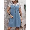 Damen Freizeit Lockeres Kleid Frühling Sommer Kurzärmelig O-Ausschnitt Color Block Spitze Einsätze Design mit Seitentaschen Kleider