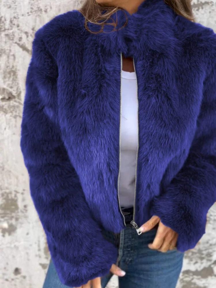 Autumn and Winter Women's Faux Fur High Neck Zipper Casual Top Jacket