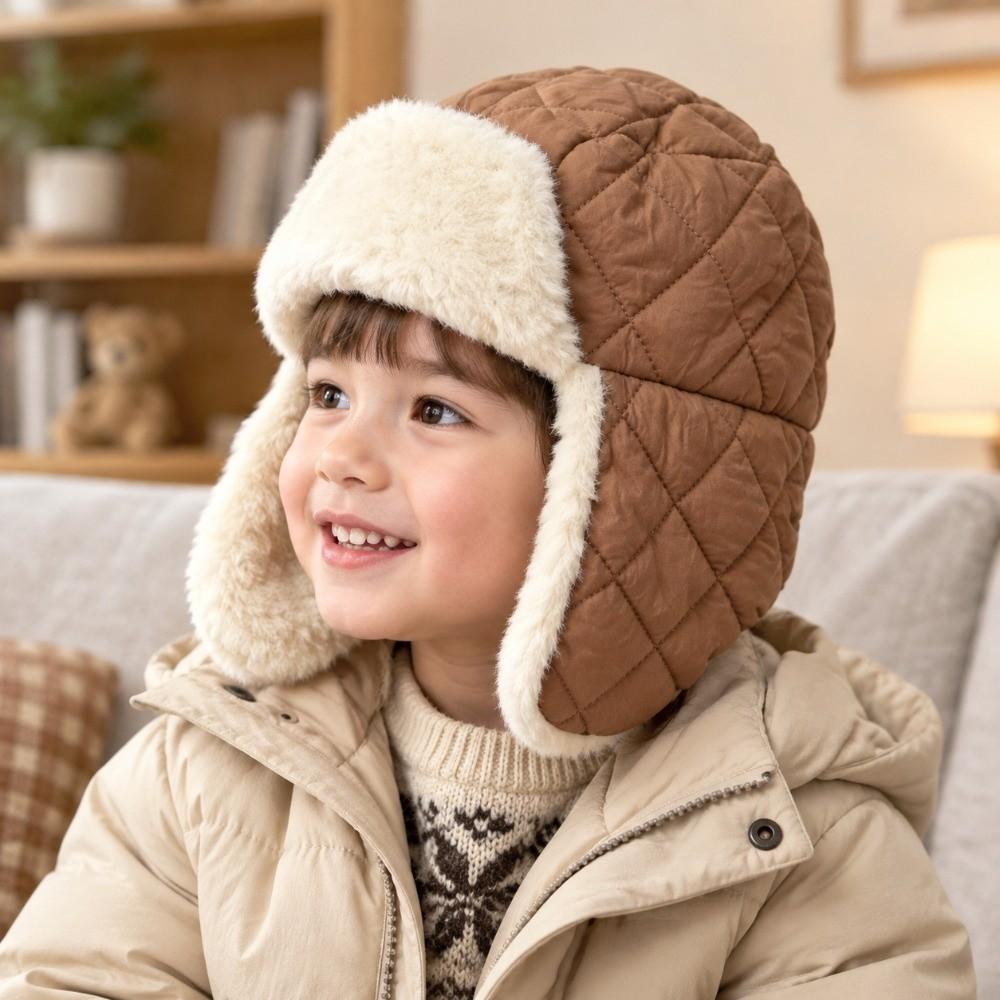 Plush Kids Ski Hat Rhombus Quilted Windproof Earflap Hat Outdoor Activities