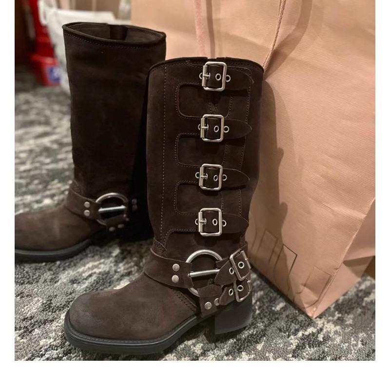 Soleist Luxury Women's Shoes High Quality Chunky Heel Buckle Vintage Motorcycle Boots Knee High Boots for Women Handmade Platform Boots