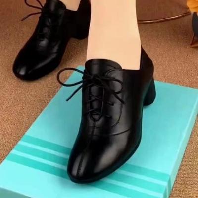 Real Soft Leather Single Shoes Women's Summer New Thick Heel Medium and Low Heel Women's Shoes Square Head Lace-up Black Leather Shoes Dance Wom