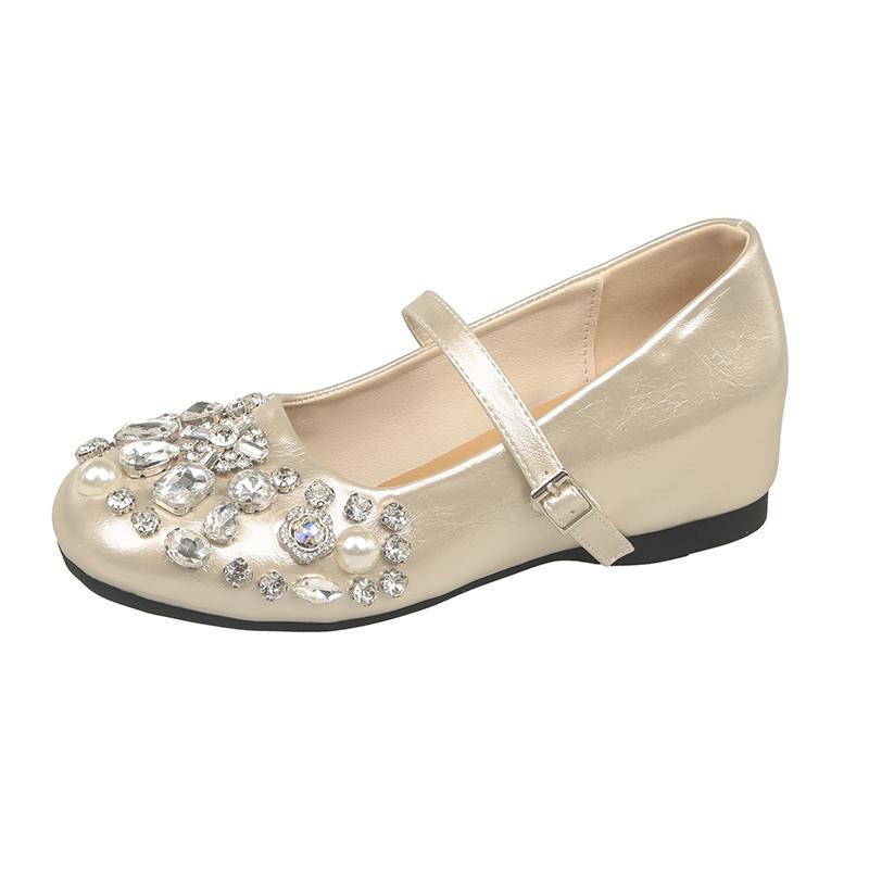 Fashion Pearl Rhinestone Buckle Single Shoes Fashion Round Toe Shallow Mouth One Strap Soft Sole Non-Slip Low Heel Shoes