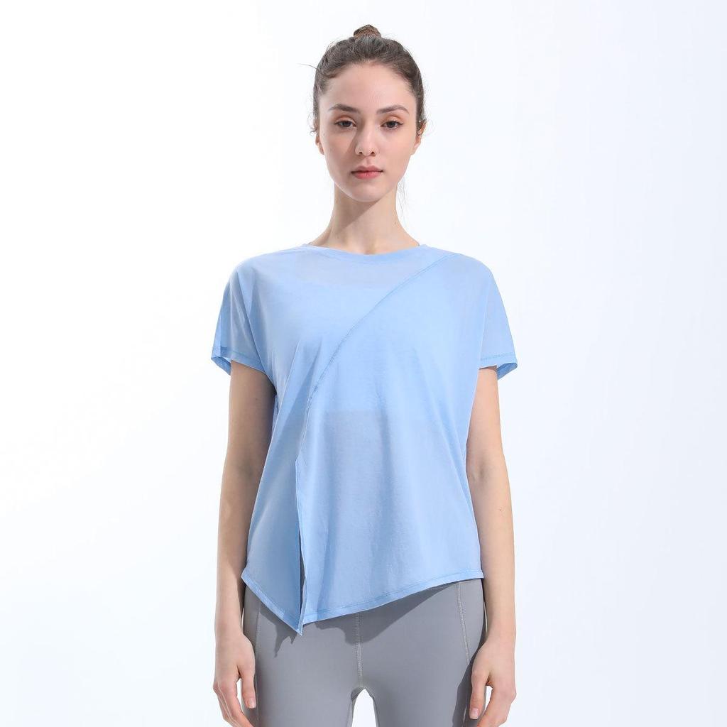 Women's Quick-Dry Short-Sleeve Yoga Top with Side Slit & Tie-Up