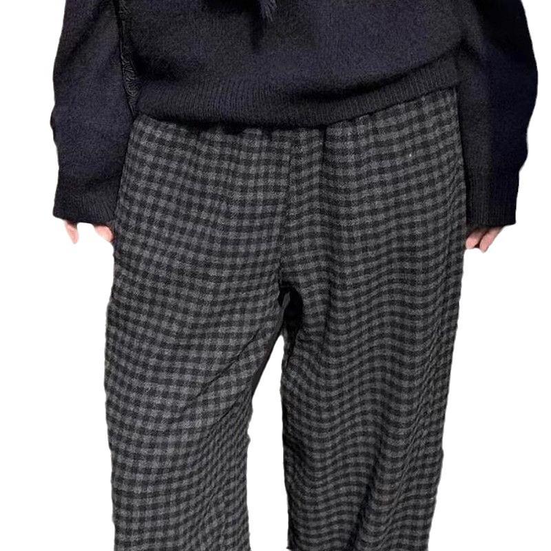 Korean Style High-Waisted Plaid Wool Wide-Leg Pants for Women - Autumn/Winter Trend