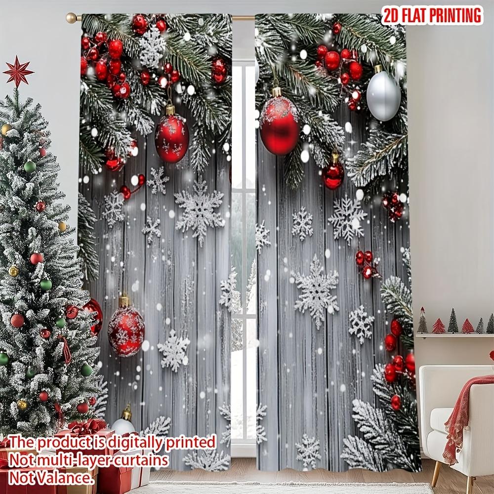 Christmas Snowflake Curtains Red Ball Green Plant Flat Print Polyester Door Wall Yard Decor Party Ready Set Of 2 Made