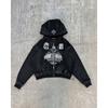Vintage American Graffiti Print Hooded Cardigan Set Loose Fit Streetwear Teens