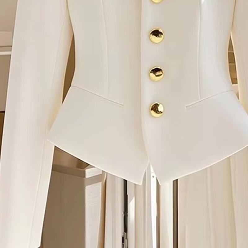 Autumn Women's White Coat Waist Long Sleeve Slim Chic Short Outwear High-End Solid Color Top Clothing Office Jackets Ladies