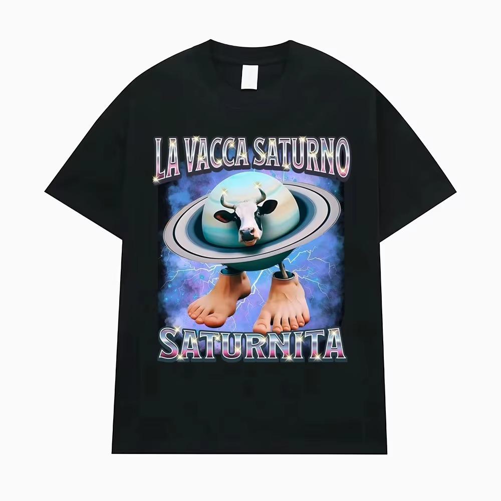 

La Vacca Saturno Saturnita Funny Cow Meme T Shirts for Men Women Harajuku Hip HopHumor T-shirt Summer Tops EU Size Loose T Shirt XXXXXL чорний