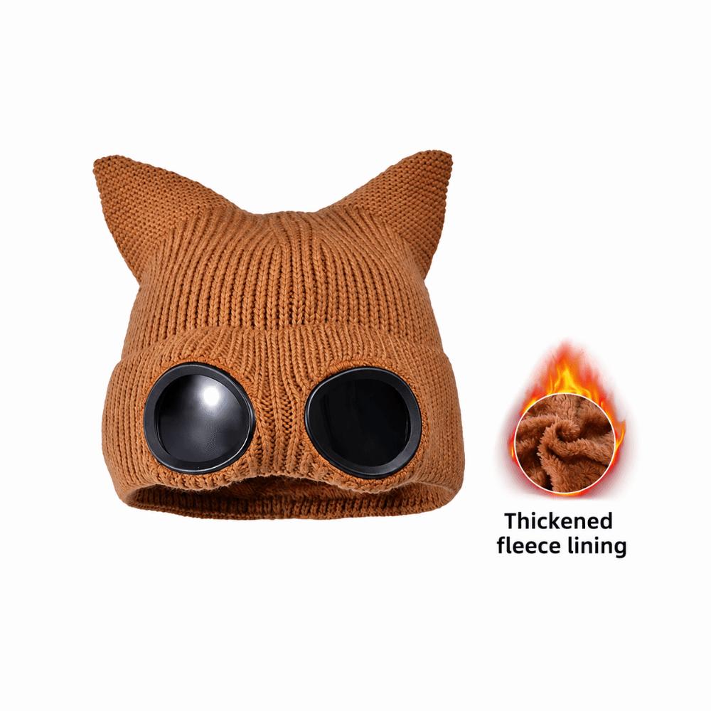 Plush Lining Winter Beanie Windproof Skullies Hat Fashion Knitted Goggles Hat for Women