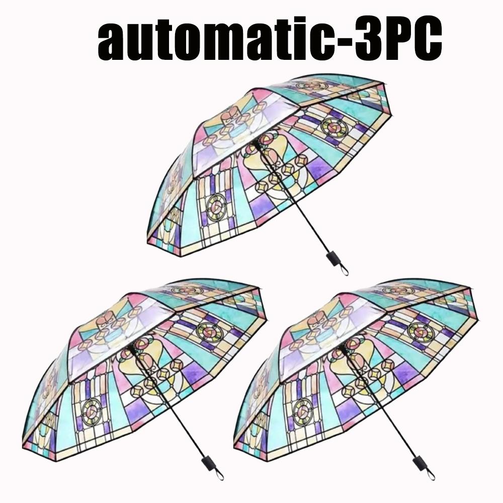 Romantic Vintage Stained Glass Automatic Rainbow Clear Umbrella for Women Rainy Day Fashion Accessory