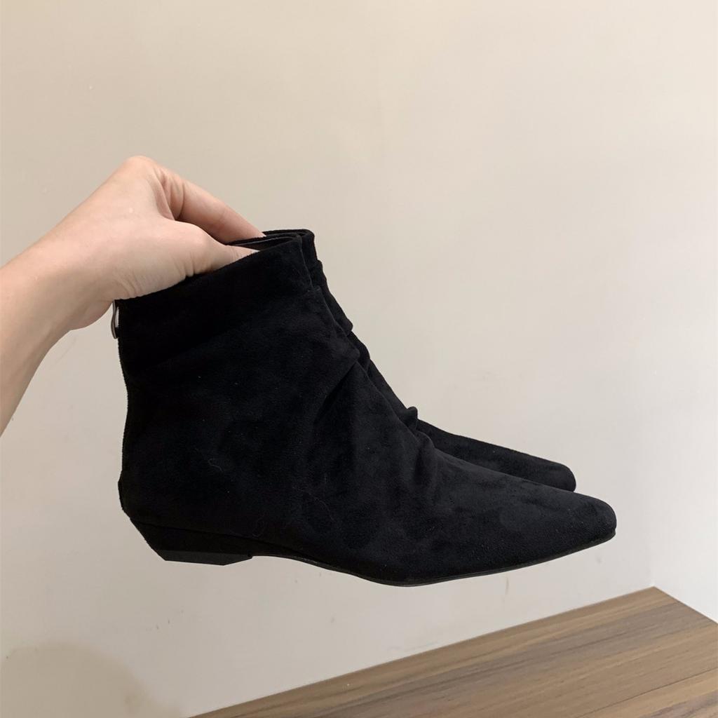 Thick Heel Square Head Suede Pile Boots Short Boots Women's Boots 2025 Spring and Autumn French Small Naked Boots Khaki Martin Boots