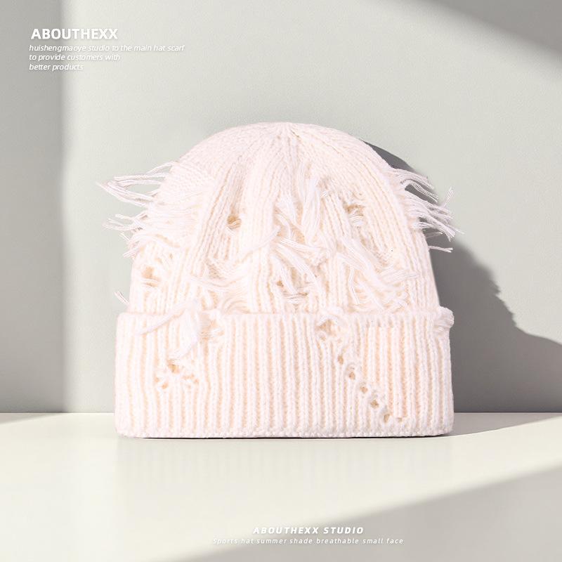 

Autumn and Winter Ripped Knitted Hats for Women Outdoor Ear Protection Cold Hats for Couples Versatile Warm Woolen Hats for Men Trendy M（56-60cm）