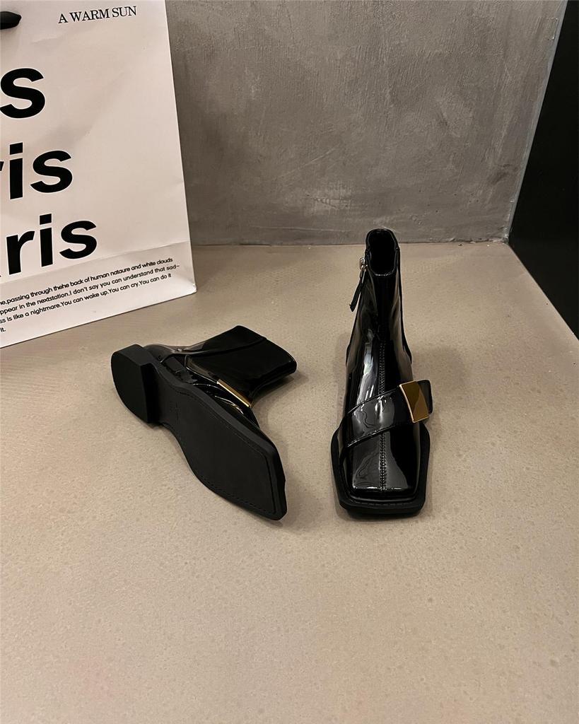 Black Leather Ankle Boots For Women Elegant With Low Heels Woman Short Shoes Spring Autumn Square Toe Booties Footwear