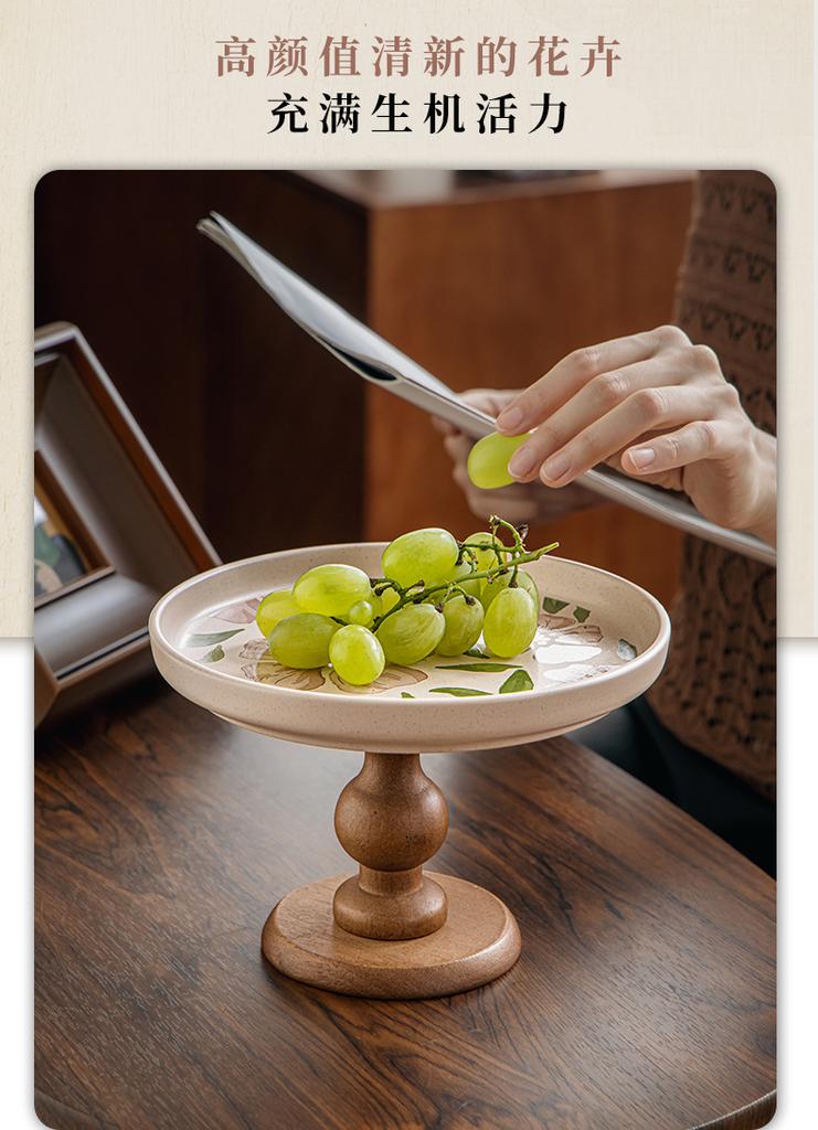 BRWooden Pallet High-sided Cake Plate Porcelain Plate Pink Flowers Fruit Tray Retro Desktop Storage Tray  Kitchen OrganizerEY