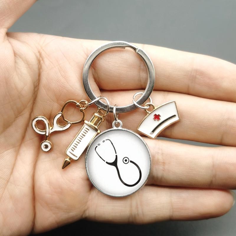 Paint Fashion Creative Nurse Medical Syringe Stethoscope Image Keychain Glass Suitable Nurses and Doctors Key Ring Pendant Gift