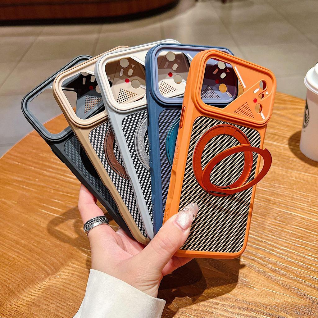 Electric Pattern Carbon Fiber Magnetic iPhone 17 Pro Max Case with Rotating Stand and Skin-Feel Protection